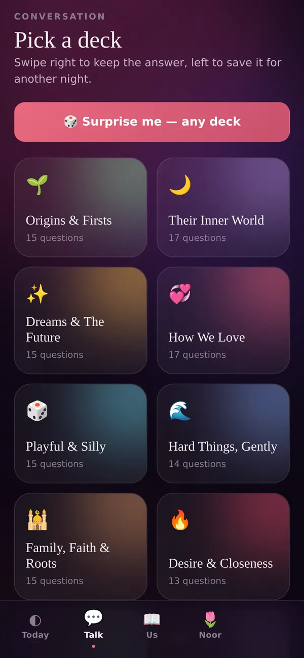 Pick a deck: ten decks of questions.