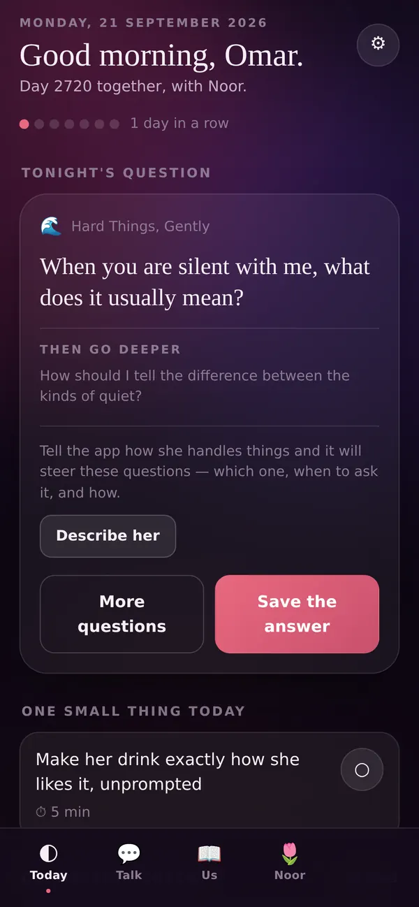 The Today screen in Wasl: tonight's question with follow-ups underneath, and one small thing to do today.